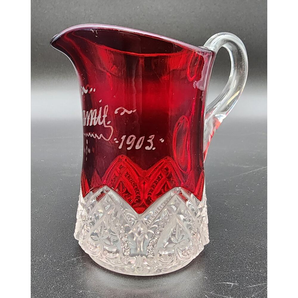 1903 Ruby Stained Cut Glass Pitcher Souvenir Etched Name 4.25” Antique